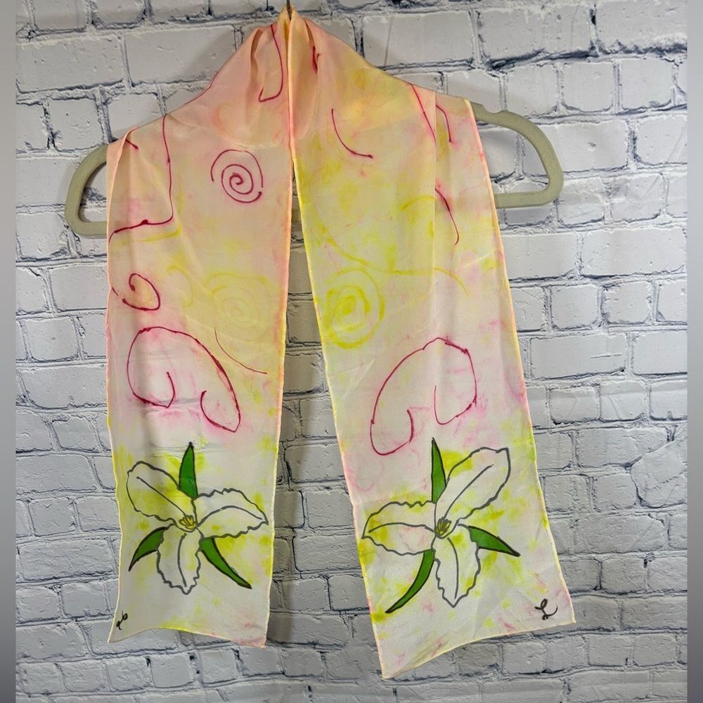 Hand Painted Seam Rolled Stitched Pink Whimsical Romantic Floral Silk Scarf